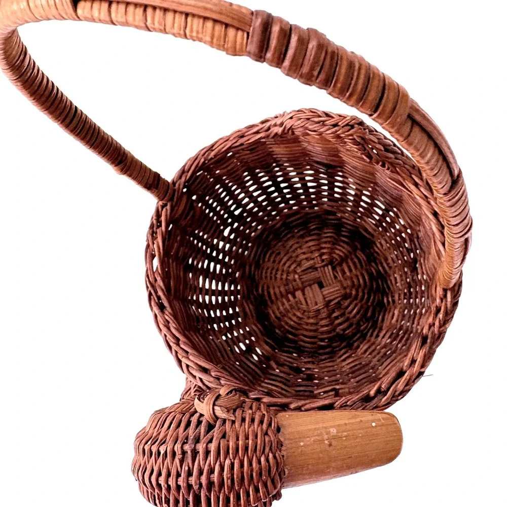 Vintage Small Brown Woven Wicker Duck Bird Basket with Handle and Wood Beak